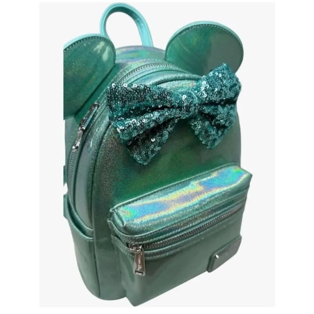 Loungefly Seafoam Green Minnie Mouse Sequin Bow Mini Cosplay Backpack Iridescent